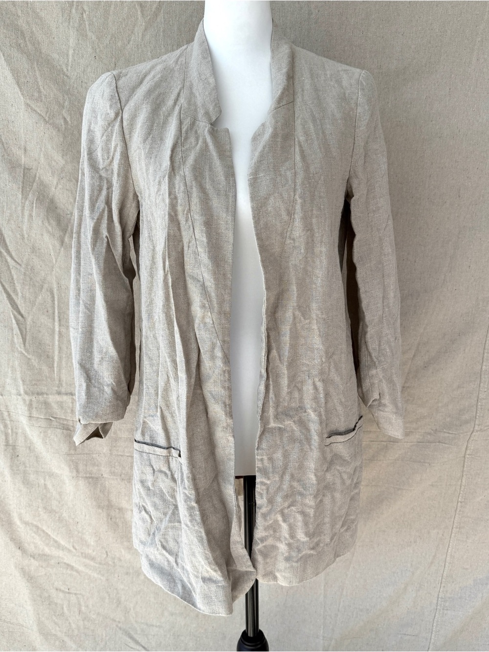 Zara Basic Size S Beige Linen Blend Open Front Blazer 3/4 Sleeve Jacket
